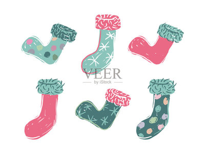六个卡通彩色圣诞袜矢量图素材下载 - Veer图库